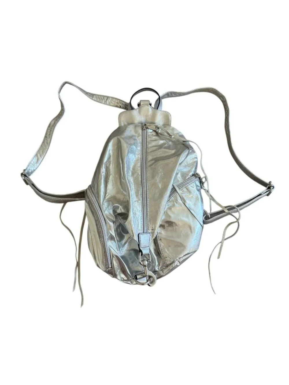 REBECCA MINKOFF Silver Metallic Zip Backpack